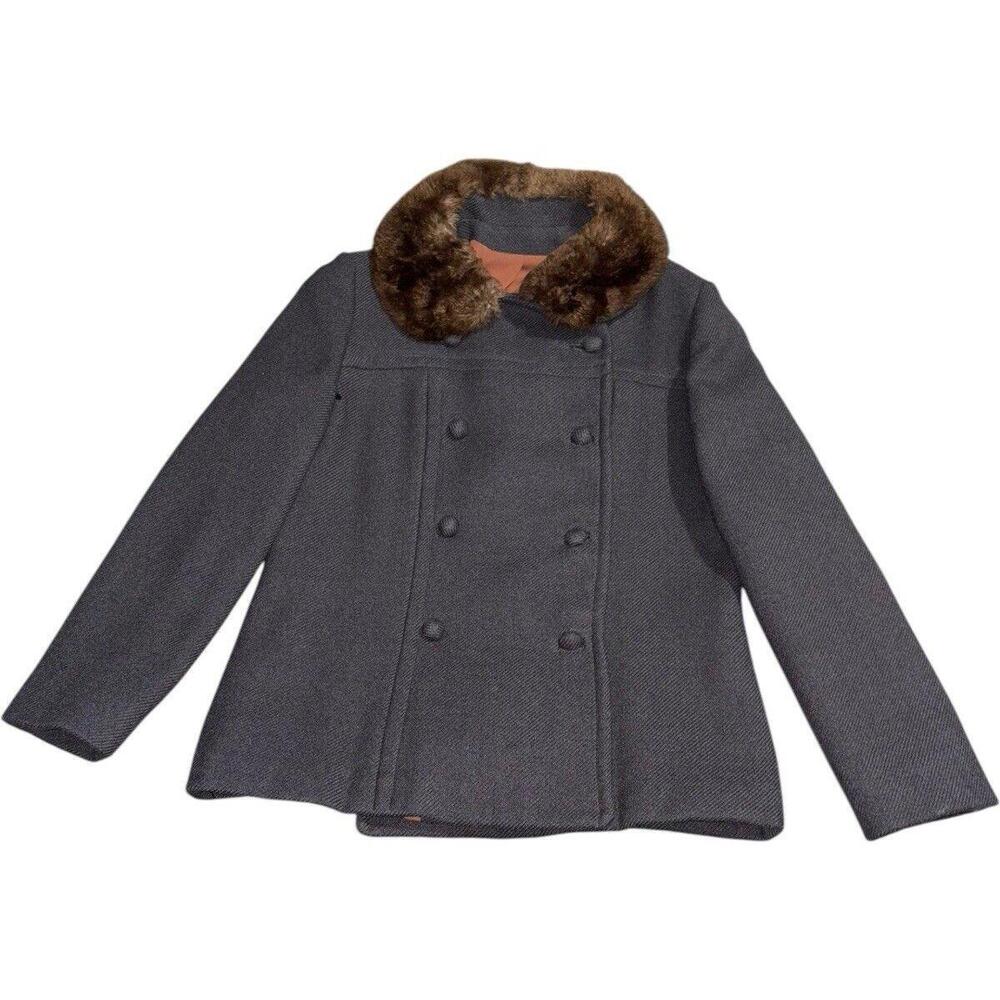 Vintage 1970s Wool Coat Fur Collar Blazer Jacket Union Made USA Gray Button 60s